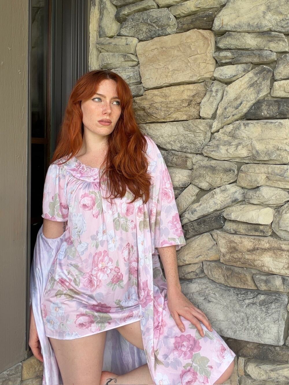 Reworked Vintage Shadowline Rosy Floral Nightgown &amp; Robe Set